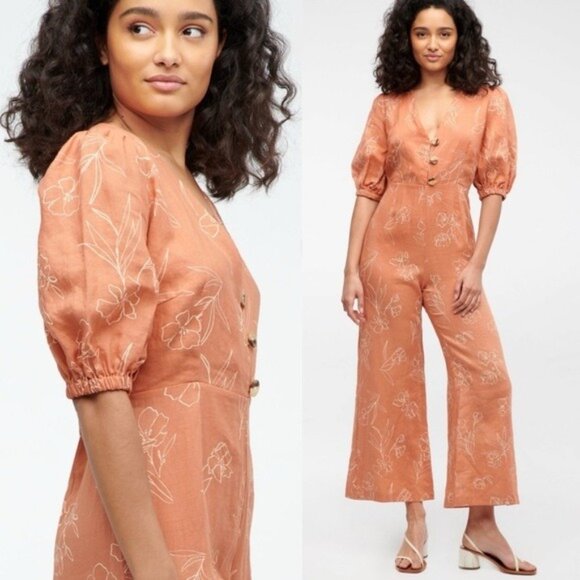 Capulet Isalina Linen Cropped Jumpsuit S Oleander Floral Puff Sleeve Wide Leg - Picture 1 of 14